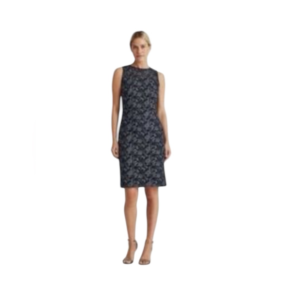 Lauren Ralph Lauren Size 10 Metallic Floral Embroidered Sleeveless Dress Navy